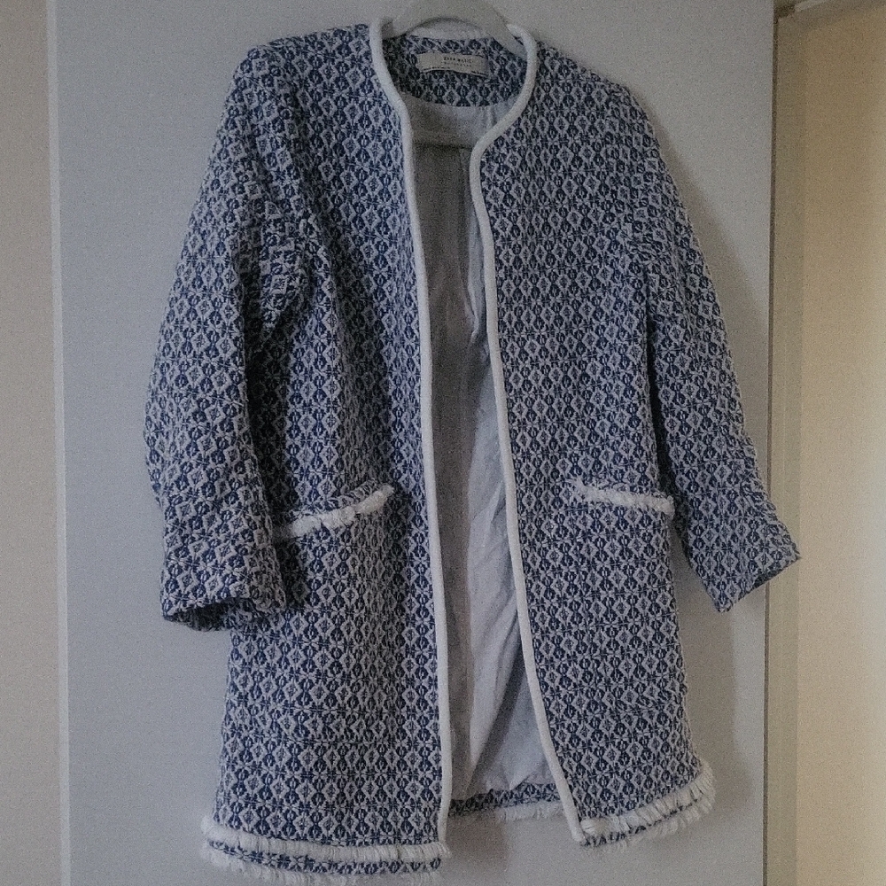 Zara Basic Outerwear Blue and White Patterned Coat